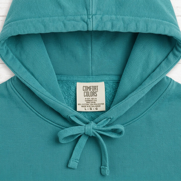 Beach Snail Seafoam hoodie neckline stitching drawstrings and Comfort Colors label detail