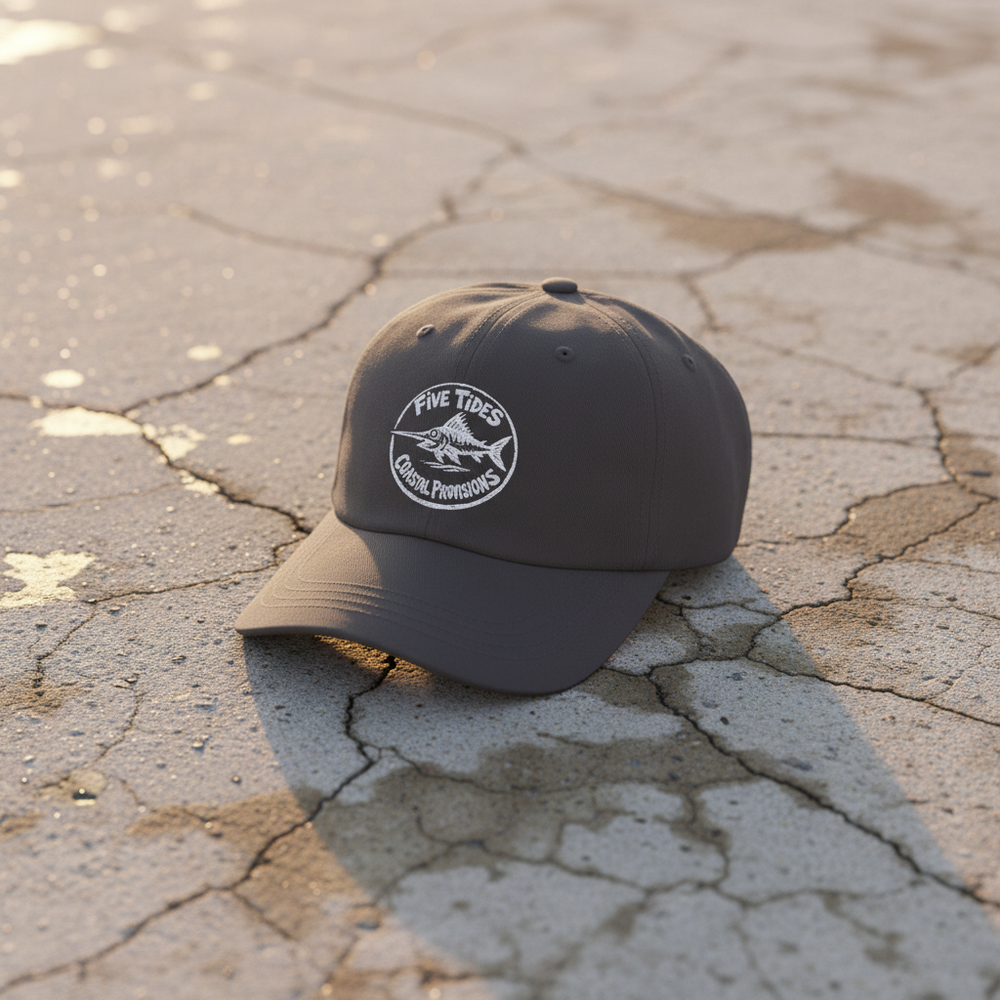 Coastal Provisions dark grey dad cap on light cracked cement with wet marks