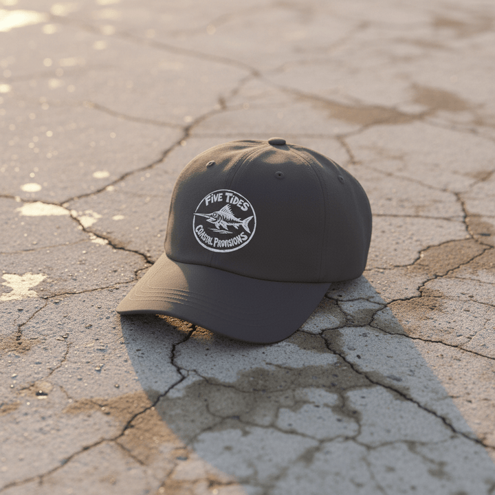Coastal Provisions dark grey dad cap on light cracked cement with wet marks