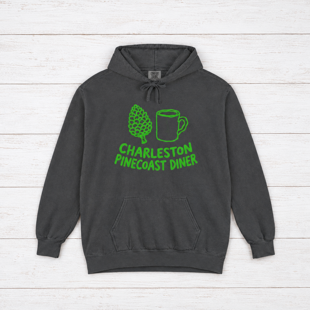 Pinecoast Diner hoodie flat lay on whitewashed boards