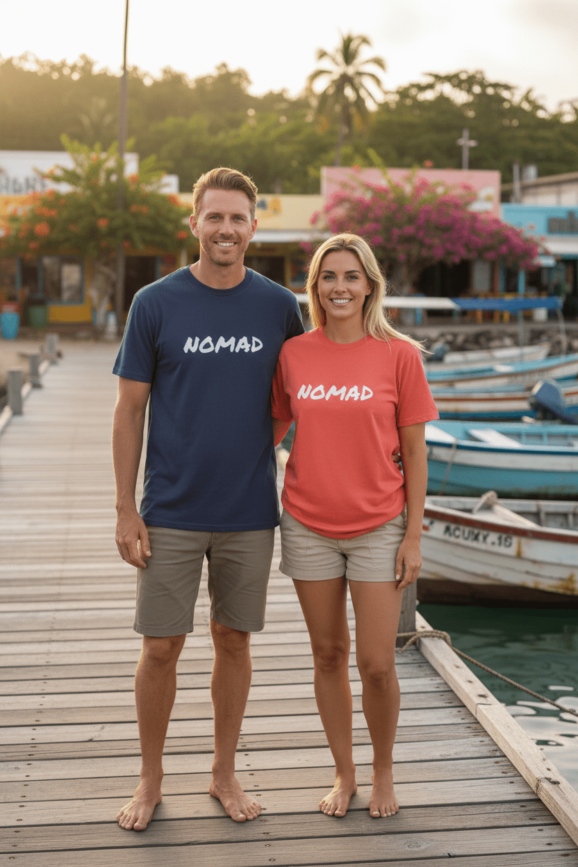Couple lifestyle - navy and coral NOMAD tees, tropical island dock