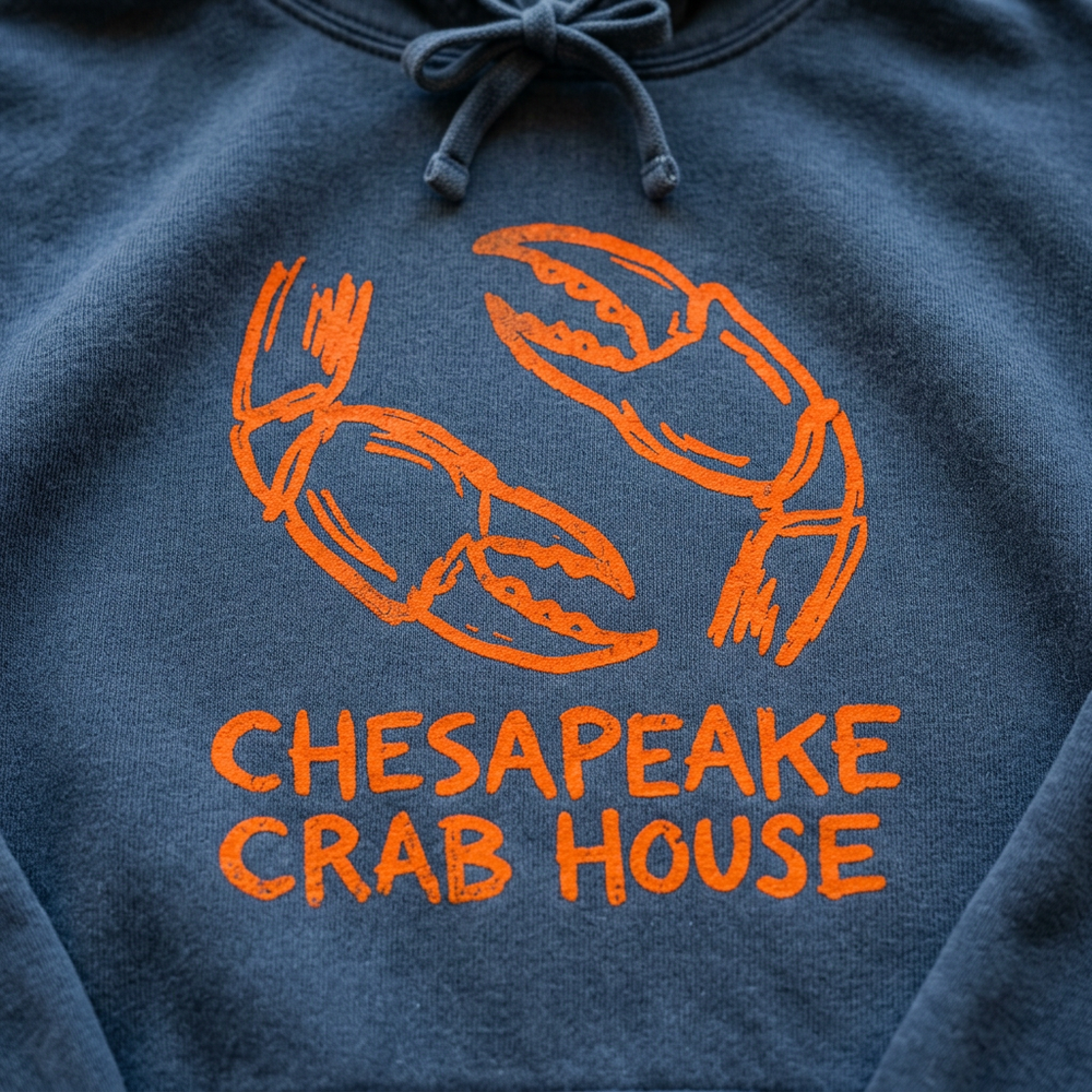 Chesapeake Crab House denim blue hoodie orange crab claw graphic close-up