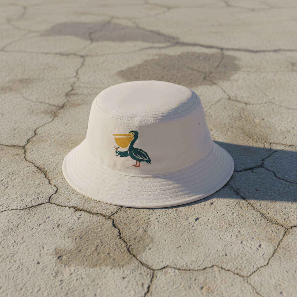 Pelican Cocktail bone bucket hat on light cracked cement with wet marks
