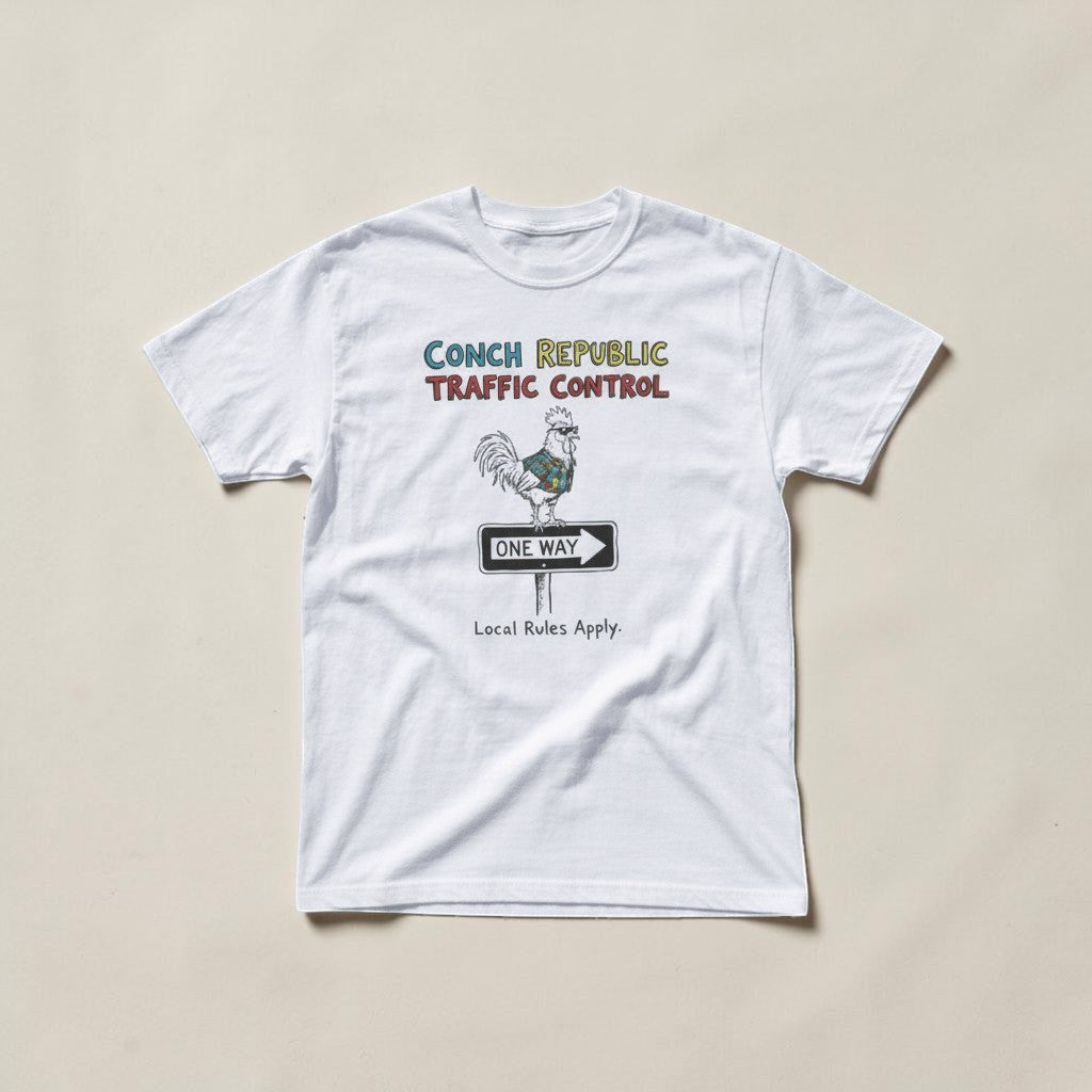 Conch Republic Traffic Control Graphic Tee — Sun Bleached White on Colorful Driftwood