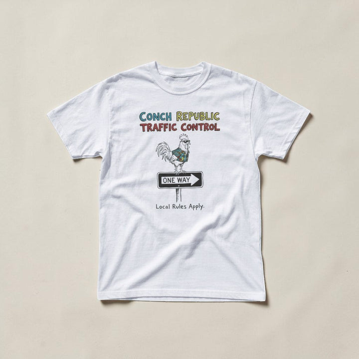 Conch Republic Traffic Control Graphic Tee — Sun Bleached White on Colorful Driftwood