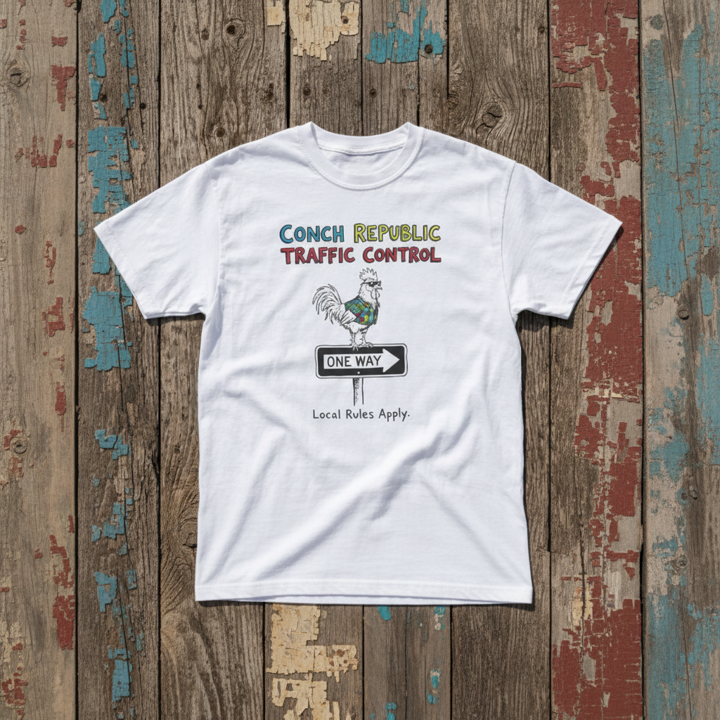 Conch Republic Traffic Control Graphic Tee — Sun Bleached White on Colorful Driftwood