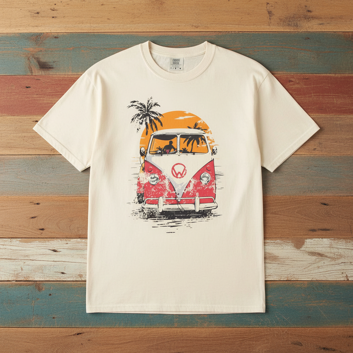 Retro Beach Wagon Cruiser Graphic Tee — Ivory on Colorful Driftwood
