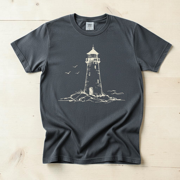 Atlantic Coast Lighthouse Sketch graphite garment-dyed tee on weathered wood planks