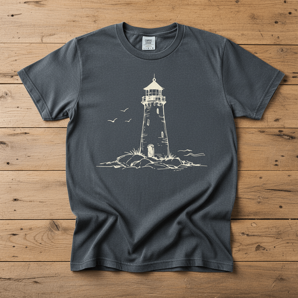 Atlantic Coast Lighthouse Sketch graphite garment-dyed tee on weathered wood planks