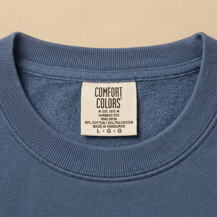 Cape Cod slate blue sweatshirt ribbed collar and Comfort Colors Honduras label detail