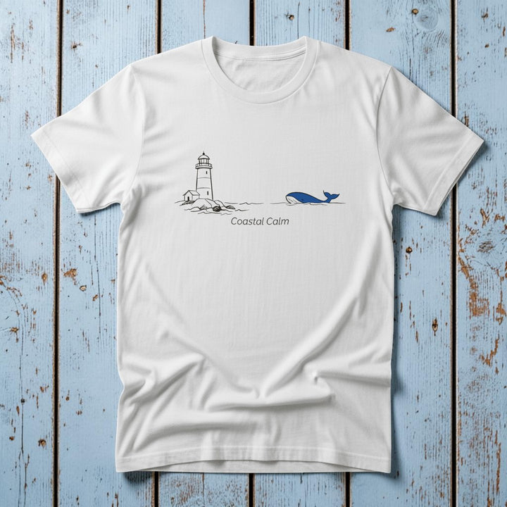 Lighthouse &amp; Whale Coastal Soul white garment-dyed tee on faded driftwood planks