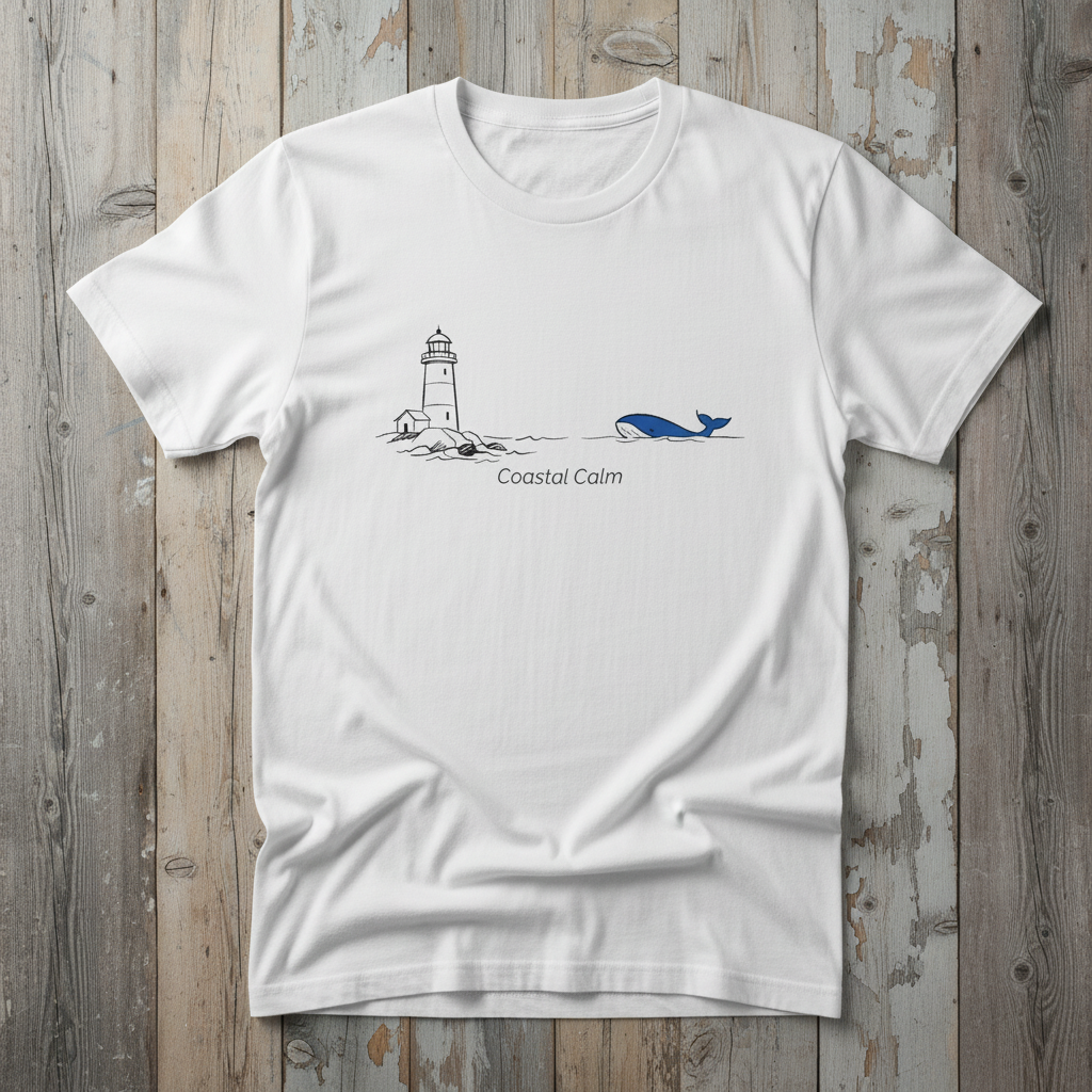 Lighthouse & Whale Coastal Soul white garment-dyed tee on faded driftwood planks
