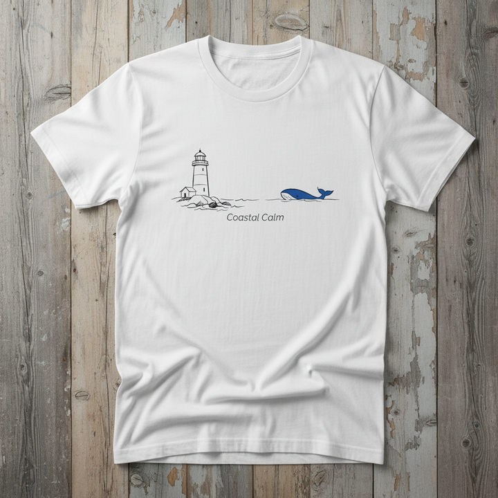 Lighthouse &amp; Whale Coastal Soul white garment-dyed tee on faded driftwood planks