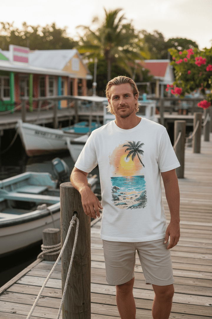 Couple lifestyle - Tropical Sunset tee, tropical island dock