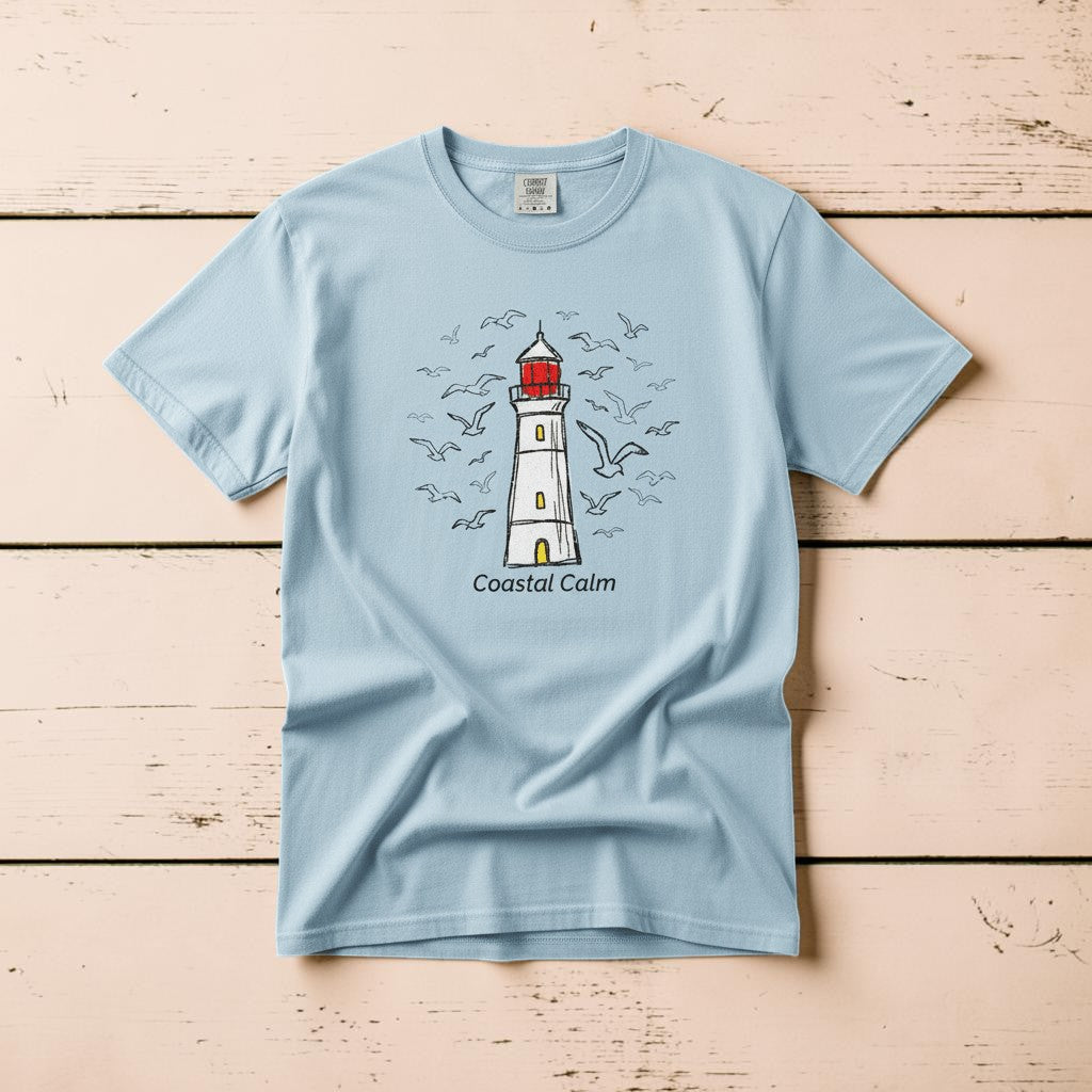 Coastal Calm Seabirds Lighthouse chambray garment-dyed tee on faded driftwood planks