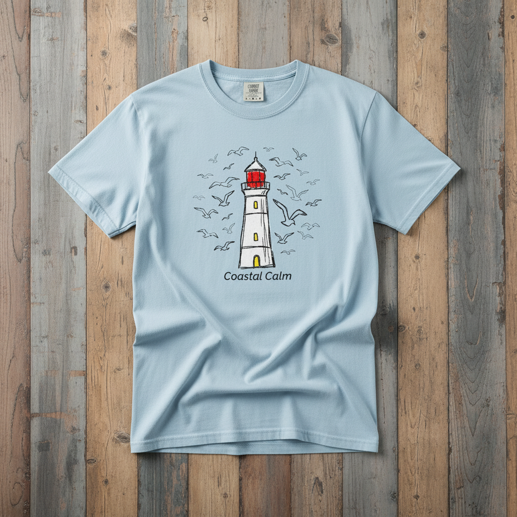 Coastal Calm Seabirds Lighthouse chambray garment-dyed tee on faded driftwood planks
