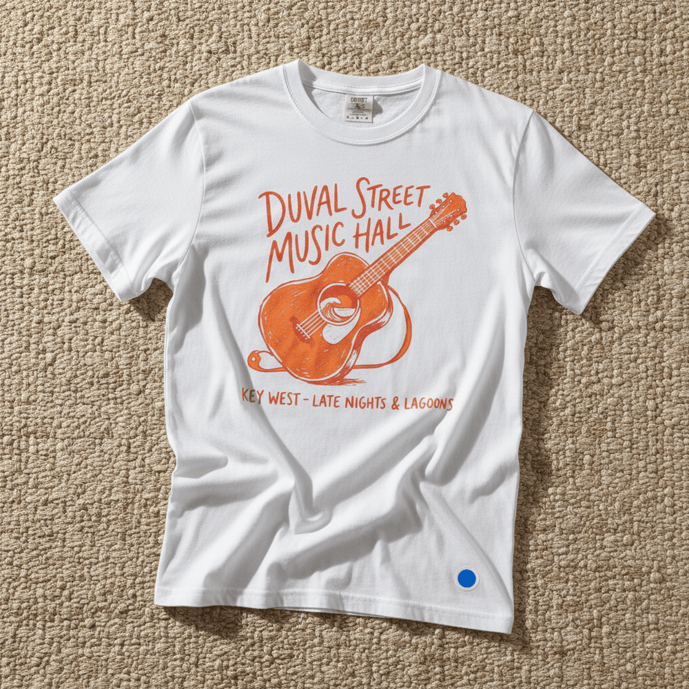 Duval Street Music Hall guitar graphic t-shirt in White casually tossed on a light sand-colored woven rug, Key West lifestyle product photo