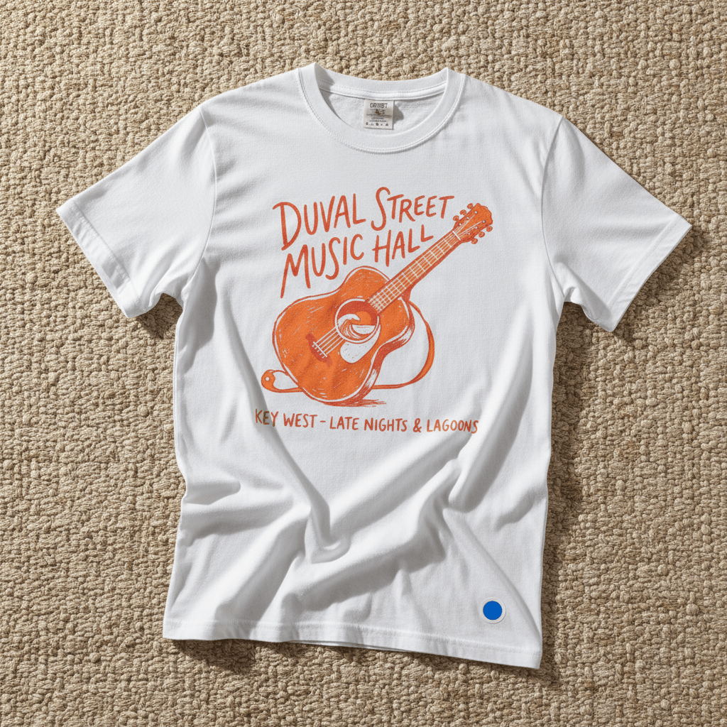 Duval Street Music Hall guitar graphic t-shirt in White casually tossed on a light sand-colored woven rug, Key West lifestyle product photo
