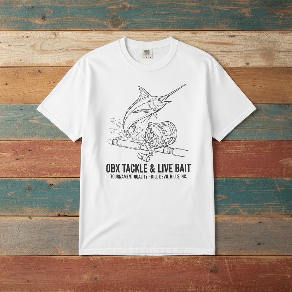 OBX Tackle & Live Bait Graphic Tee — White on Colorful Driftwood