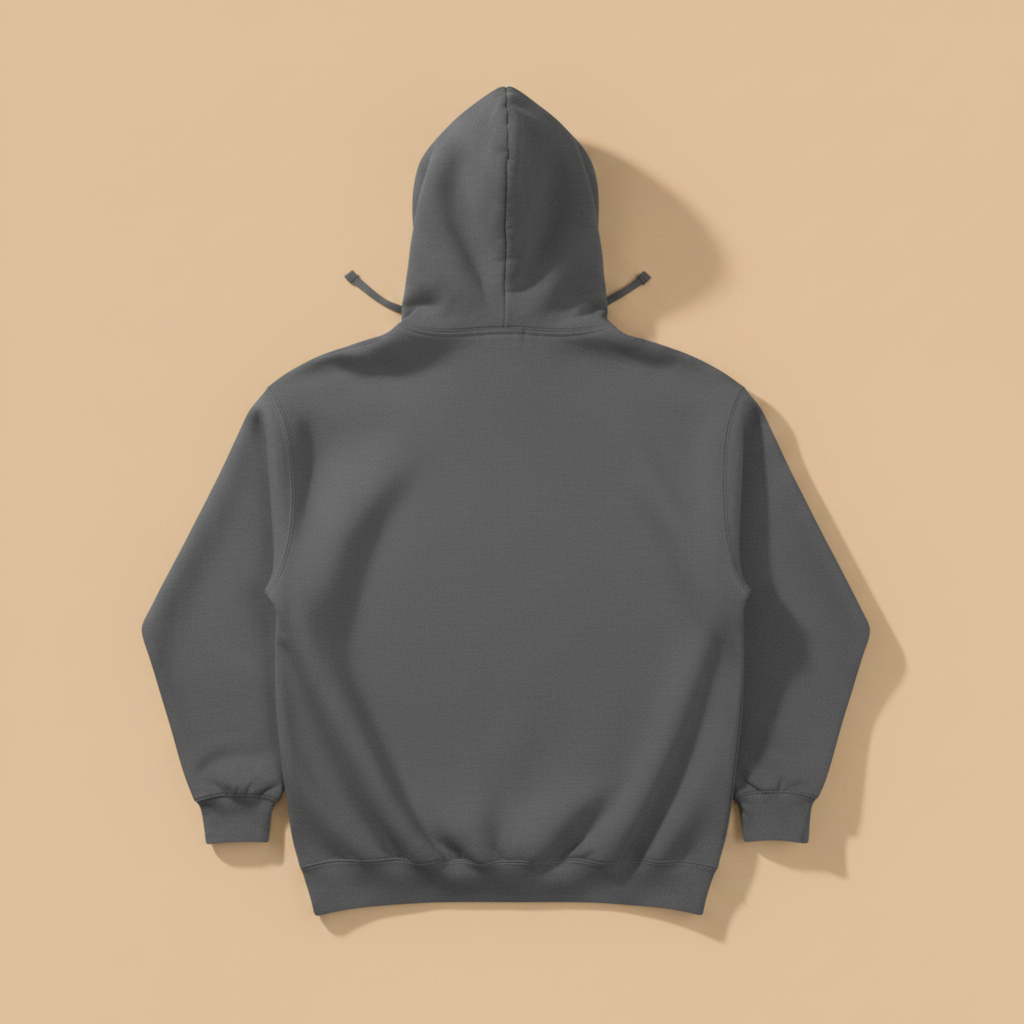 Fish Hoodie in Grey — plain back, warm sand studio background