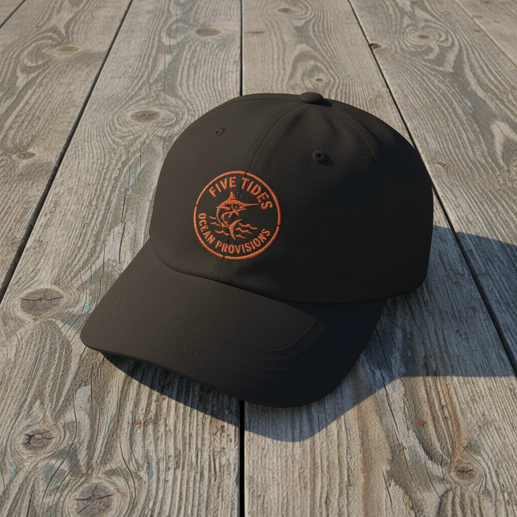 Five Tides Fisherman black embroidered dad cap on rustic reclaimed wood