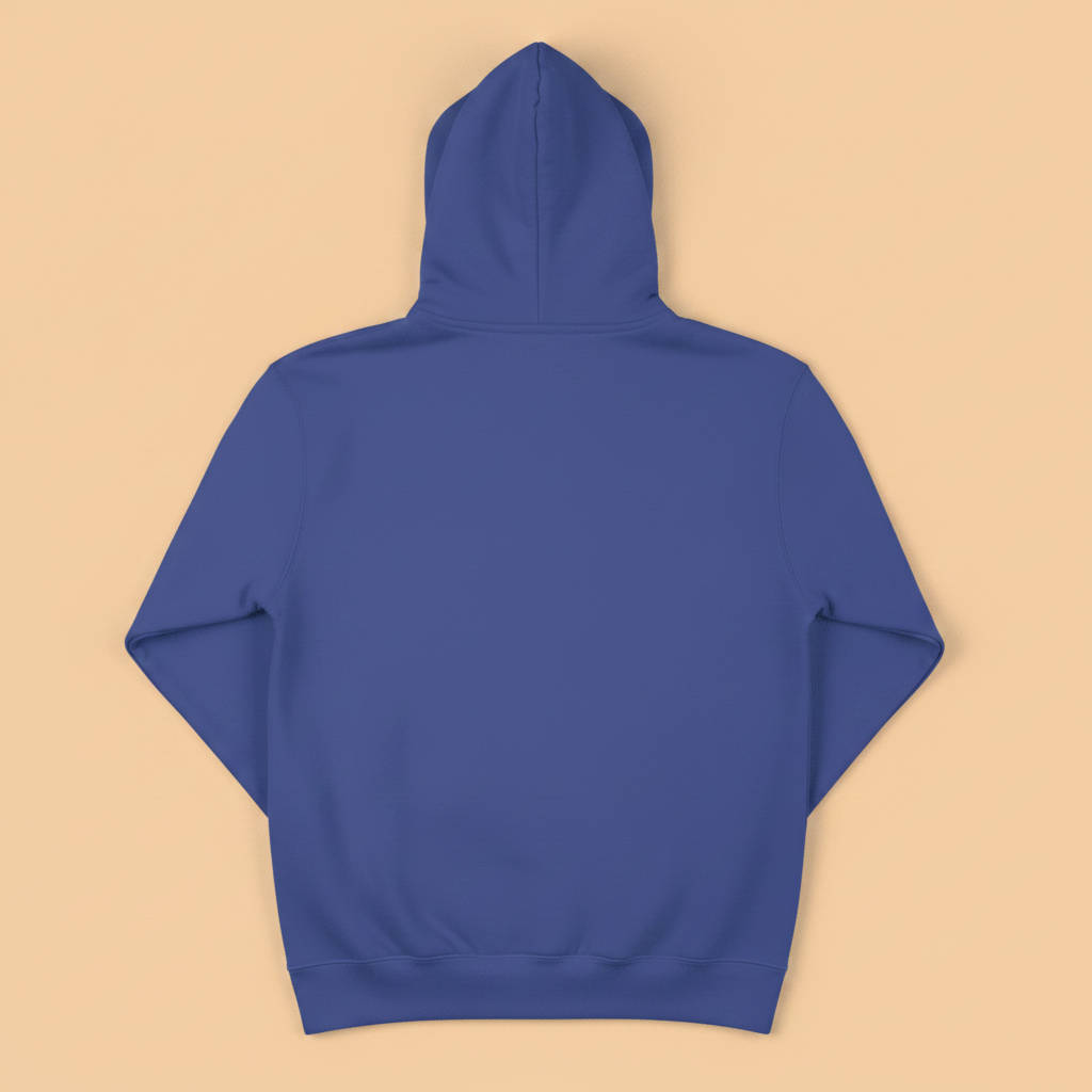 Coastal Vibes Hoodie in Flo Blue — plain back, warm sand studio background