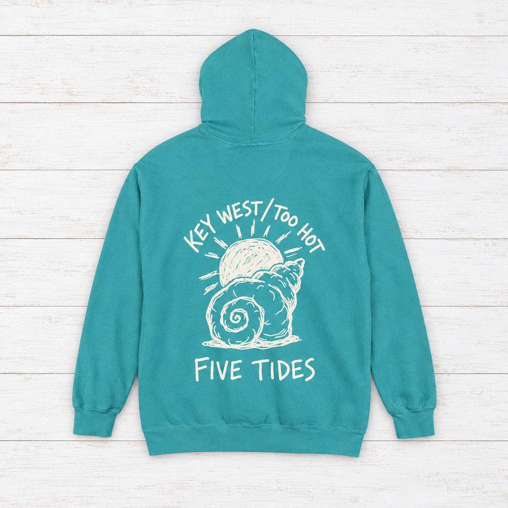 Beach Snail hoodie flat lay on whitewashed boards