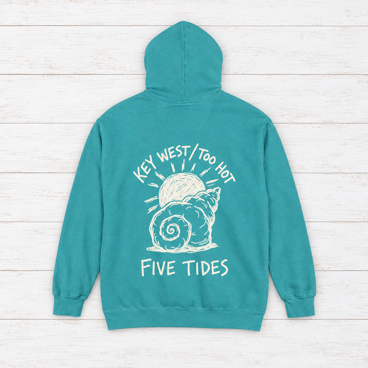 Beach Snail hoodie flat lay on whitewashed boards