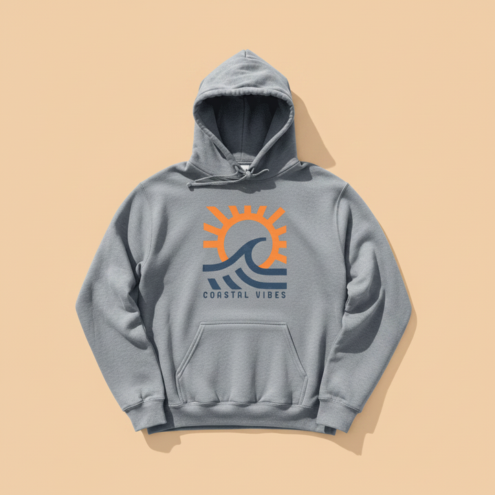 Coastal Vibes Hoodie in Grey — front graphic, warm sand studio background