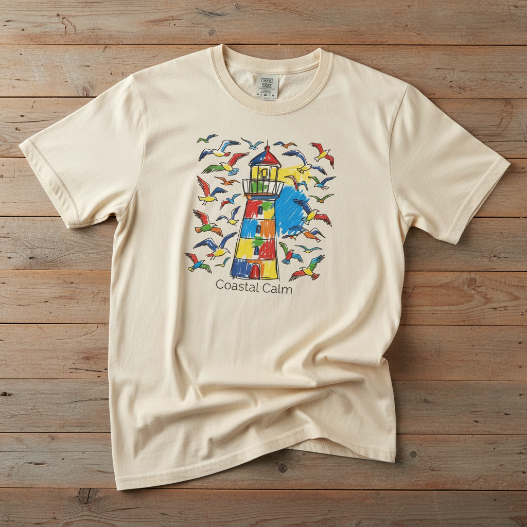 Coastal Calm Summer Lighthouse Seagull ivory garment-dyed tee on faded driftwood planks