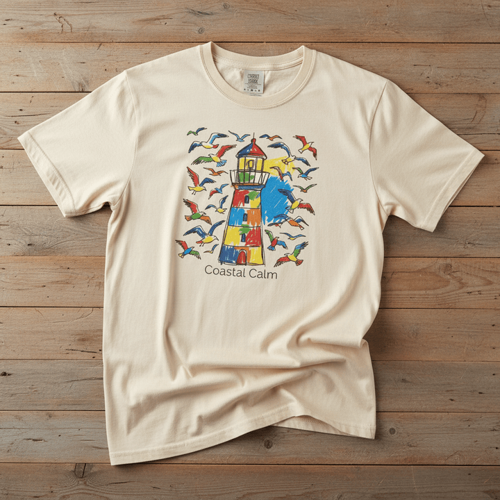 Coastal Calm Summer Lighthouse Seagull ivory garment-dyed tee on faded driftwood planks