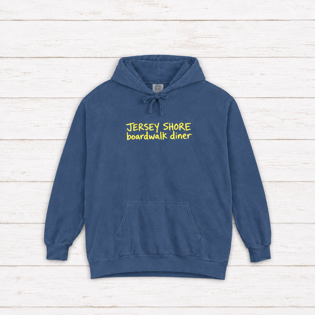 Jersey Shore Boardwalk Diner hoodie flat lay on whitewashed boards