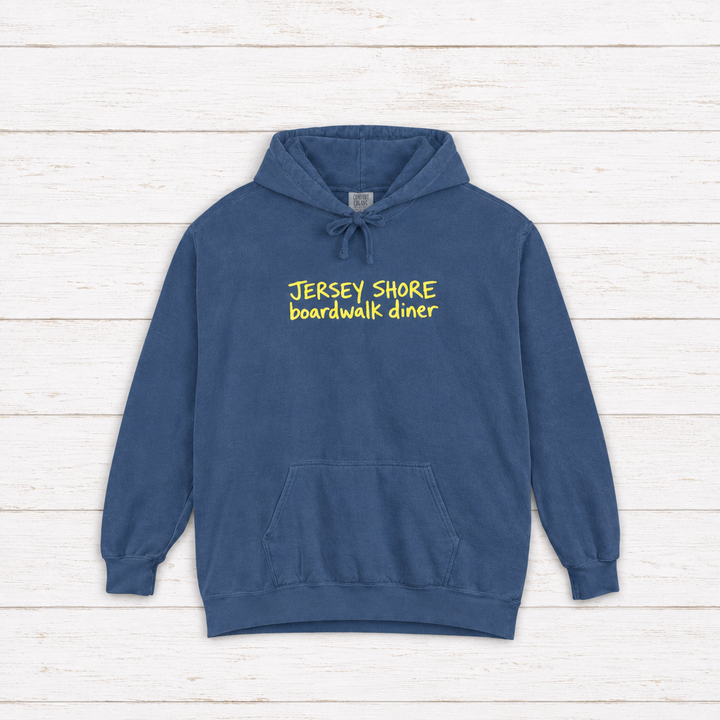 Jersey Shore Boardwalk Diner hoodie flat lay on whitewashed boards