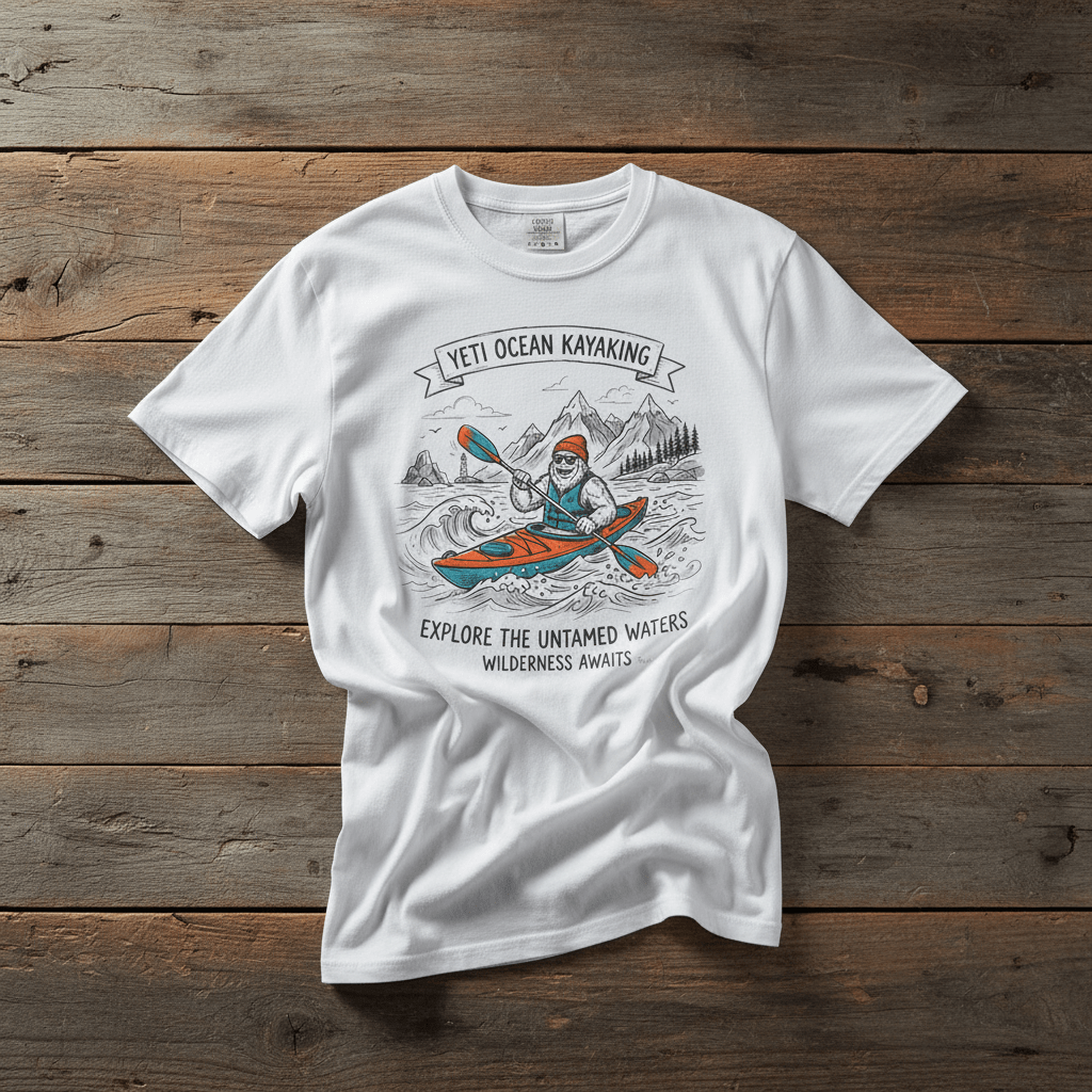 Yeti Ocean Kayaking white garment-dyed tee casually tousled on rustic reclaimed wood