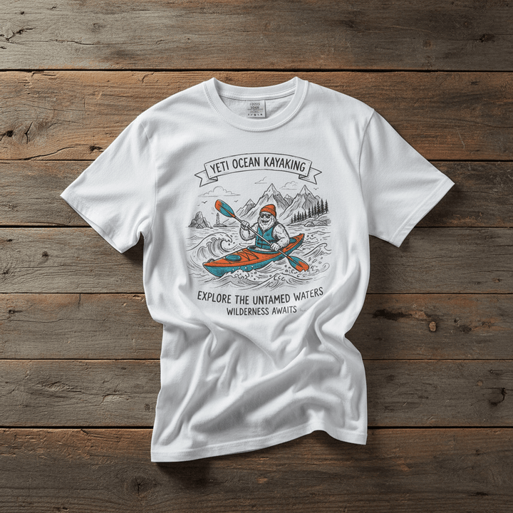Yeti Ocean Kayaking white garment-dyed tee casually tousled on rustic reclaimed wood