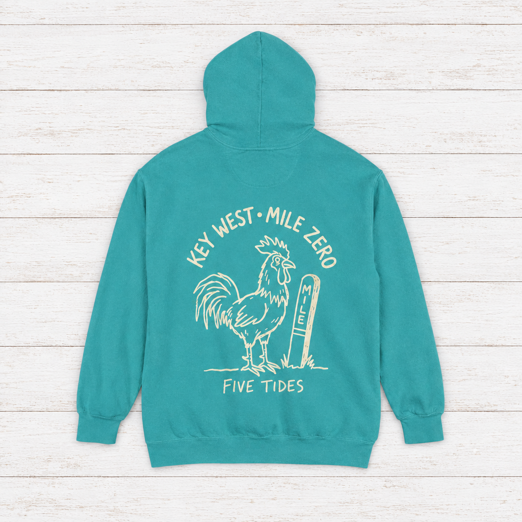 Rooster Surf hoodie flat lay on whitewashed boards