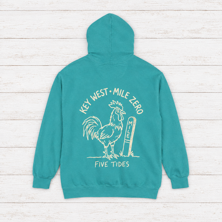 Rooster Surf hoodie flat lay on whitewashed boards