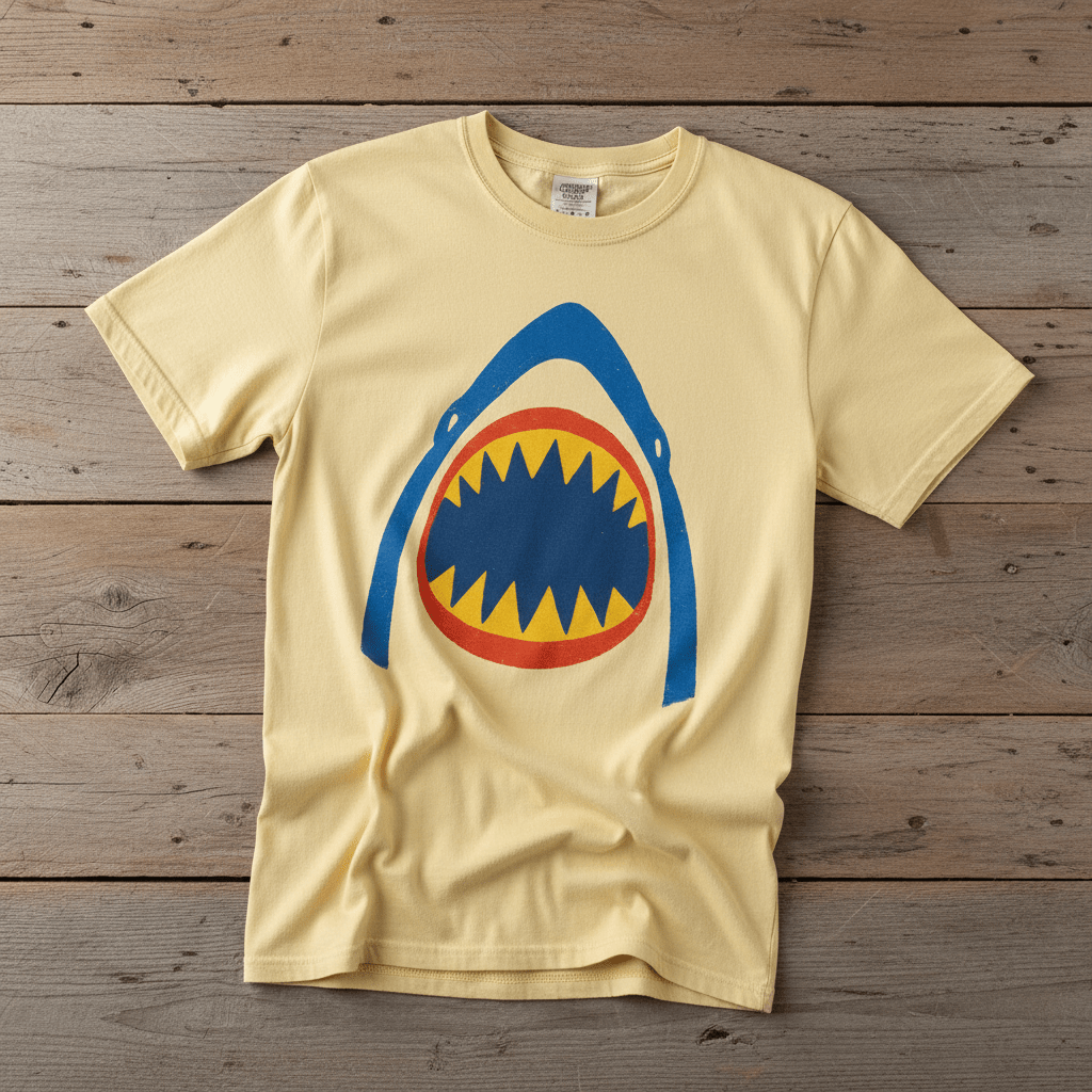 Vintage Surf Shark banana garment-dyed tee on faded driftwood planks