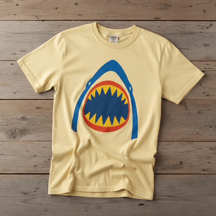 Vintage Surf Shark banana garment-dyed tee on faded driftwood planks