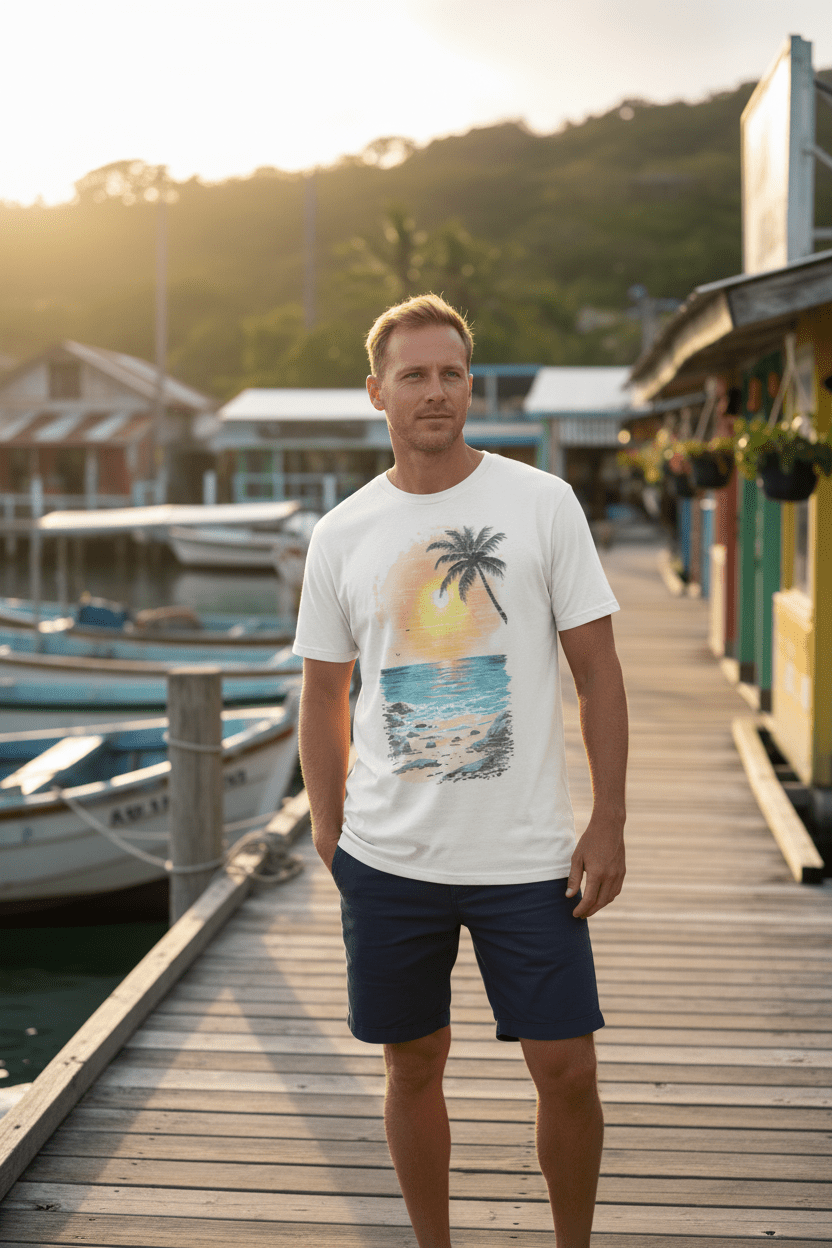 Male lifestyle - Tropical Sunset tee, tropical island dock