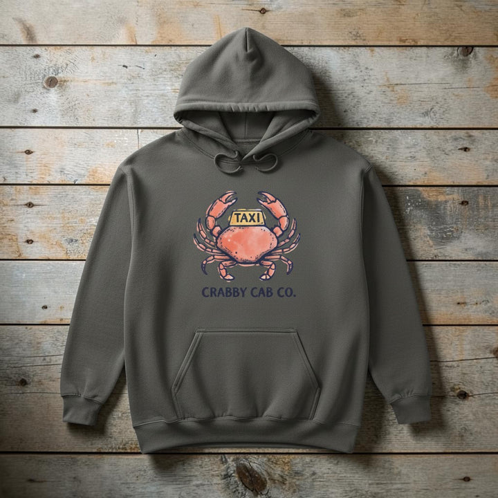 Crabby Cab Co. Garment-Dyed Hoodie grey on faded driftwood planks