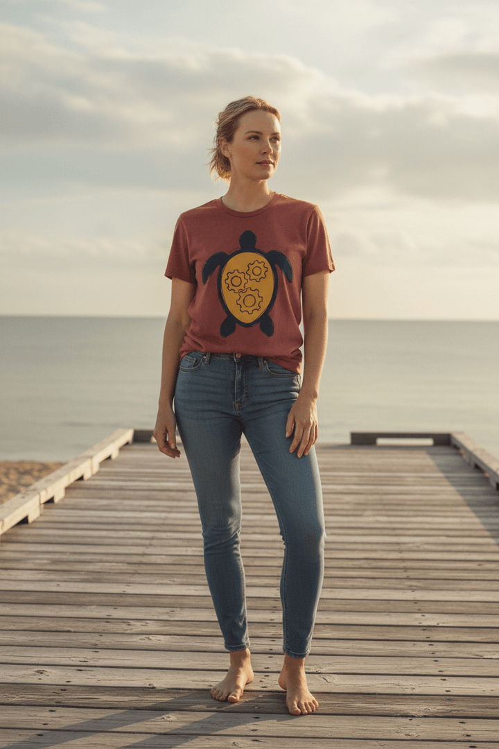 Female model wearing brick steampunk sea turtle t-shirt on sun-bleached boat dock