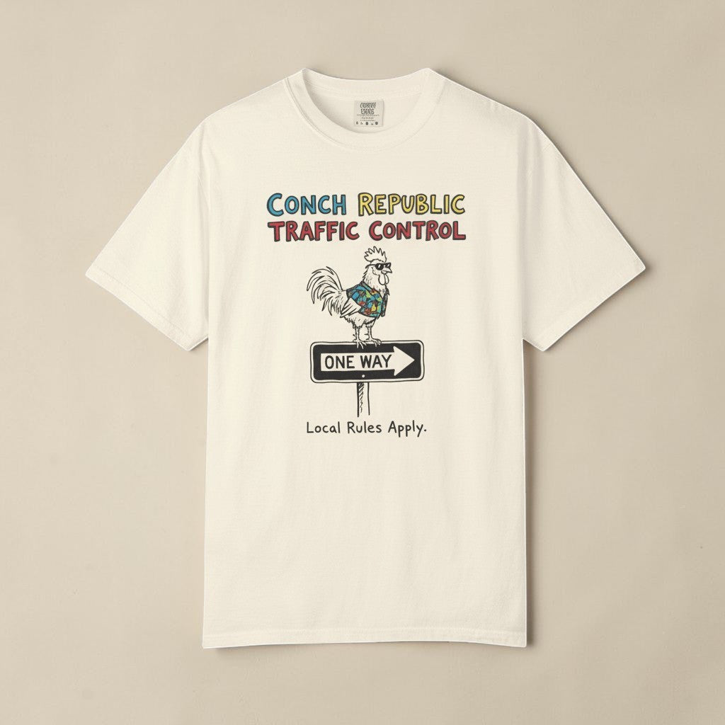 Conch Republic Traffic Control Graphic Tee — Ivory on Colorful Driftwood