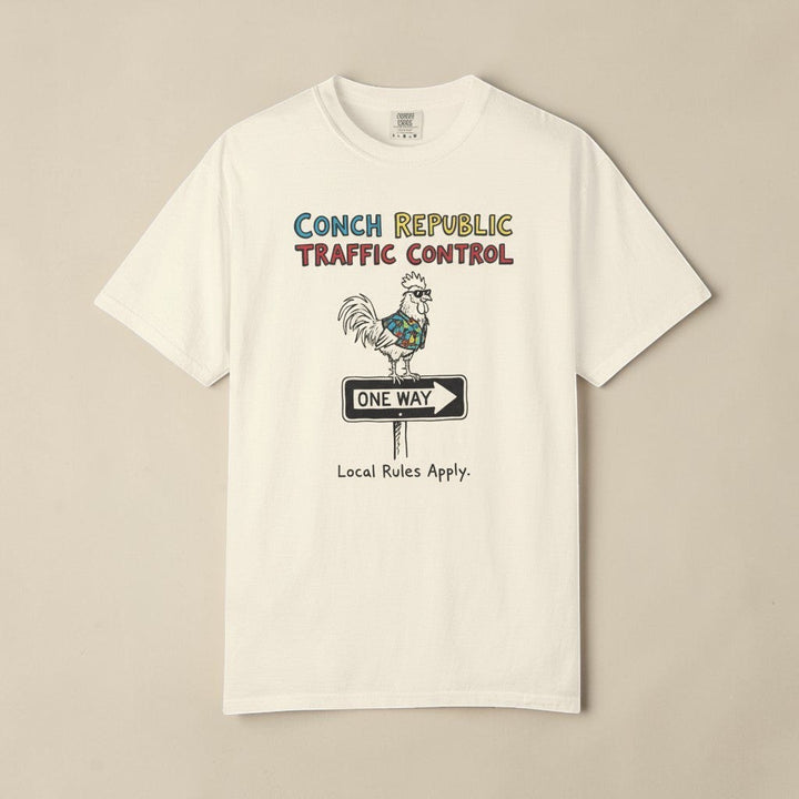 Conch Republic Traffic Control Graphic Tee — Ivory on Colorful Driftwood
