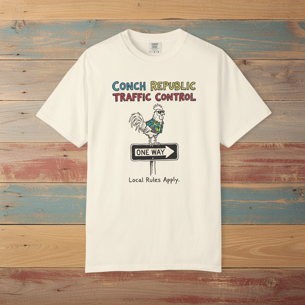 Conch Republic Traffic Control Graphic Tee — Ivory on Colorful Driftwood