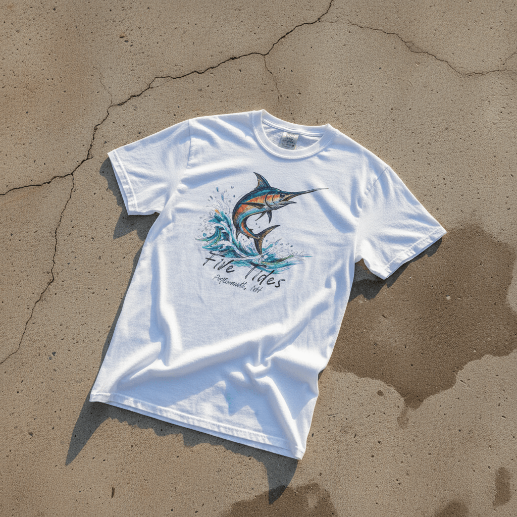 Marlin Surf white garment-dyed tee on light cracked cement with wet marks
