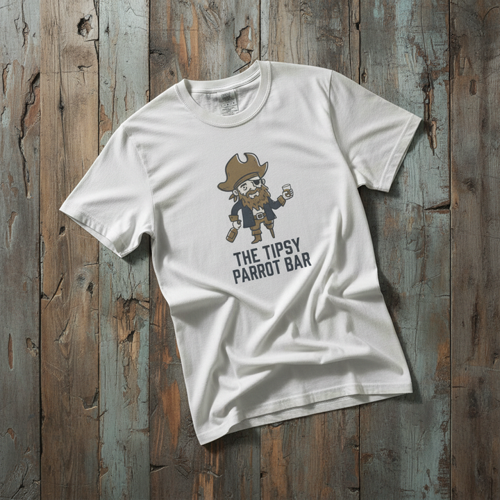 Tipsy Parrot Bar white garment-dyed tee casually tousled on rustic reclaimed wood