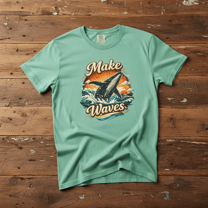 Soak Up the Sun island reef garment-dyed tee casually tousled on rustic reclaimed wood