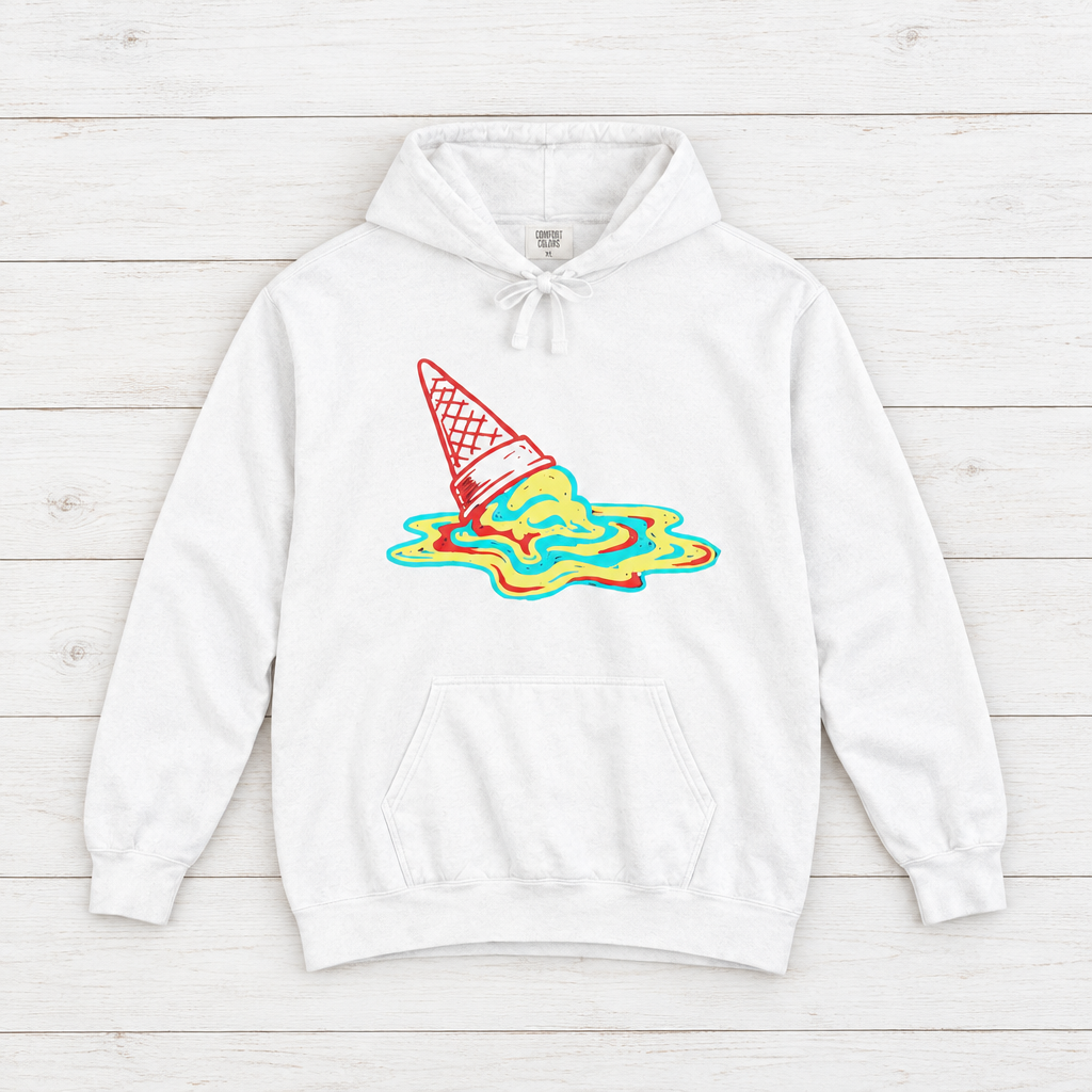 White Melting Ice Cream Cone hoodie front flat lay on whitewashed boards