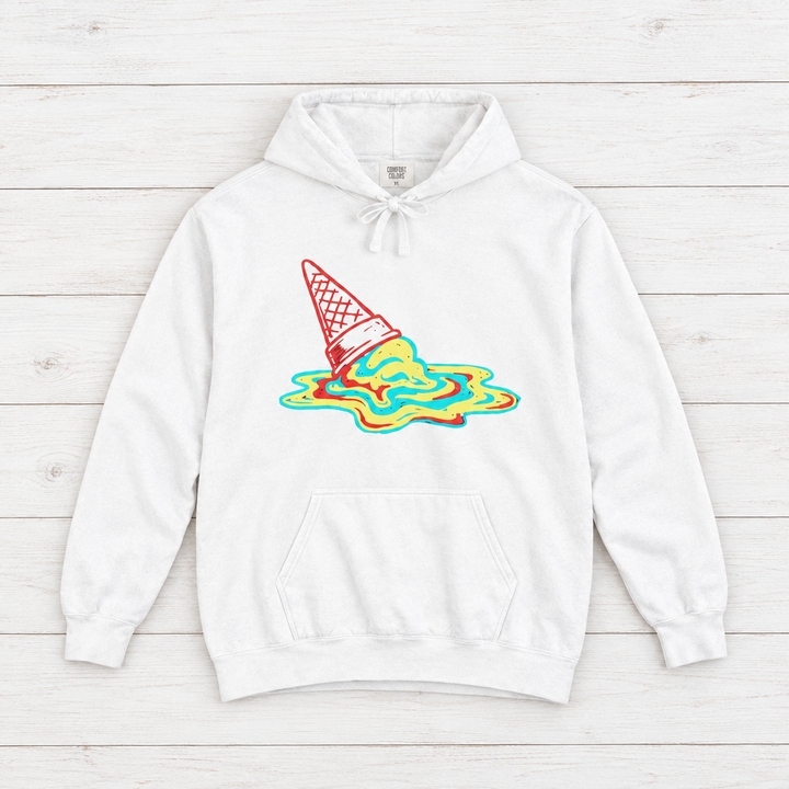White Melting Ice Cream Cone hoodie front flat lay on whitewashed boards